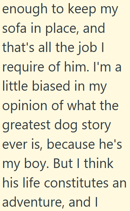 enough to keep my sofa in place, and that's all the job I require of him. I'm a little biased in my opinion of what the greatest dog story ever is, because he's my boy. But I think his life constitutes an adventure, and I