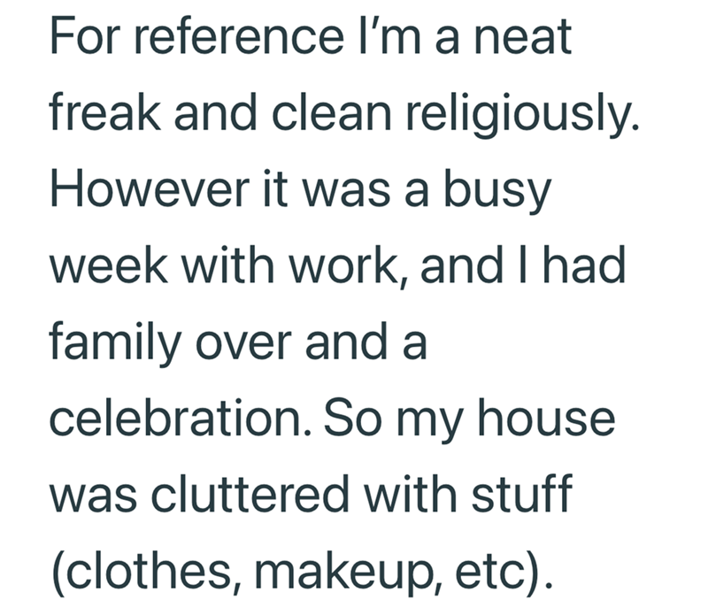 For reference I'm a neat freak and clean religiously. However it was a busy week with work, and I had family over and a celebration. So my house was cluttered with stuff (clothes, makeup, etc).