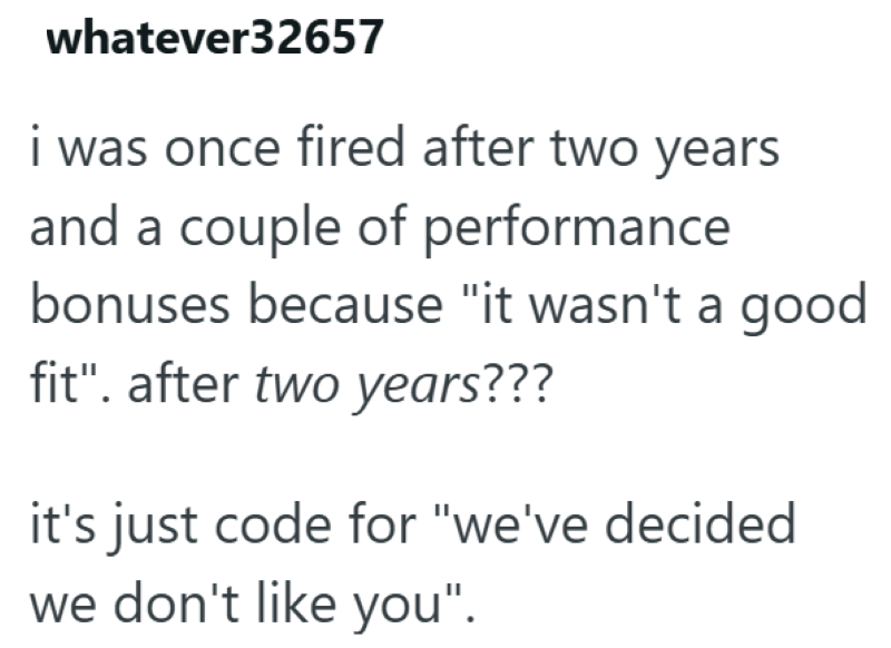 whatever32657 i was once fired after two years and a couple of performance bonuses because "it wasn't a good fit". after two years??? it's just code for "we've decided we don't like you".
