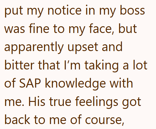 put my notice in my boss was fine to my face, but apparently upset and bitter that I'm taking a lot of SAP knowledge with me. His true feelings got back to me of course,