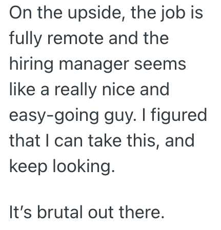 On the upside, the job is fully remote and the hiring manager seems like a really nice and easy-going guy. I figured that I can take this, and keep looking. It's brutal out there.