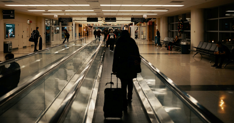 A representation of a woman walking along an airport travelator with a suitcase