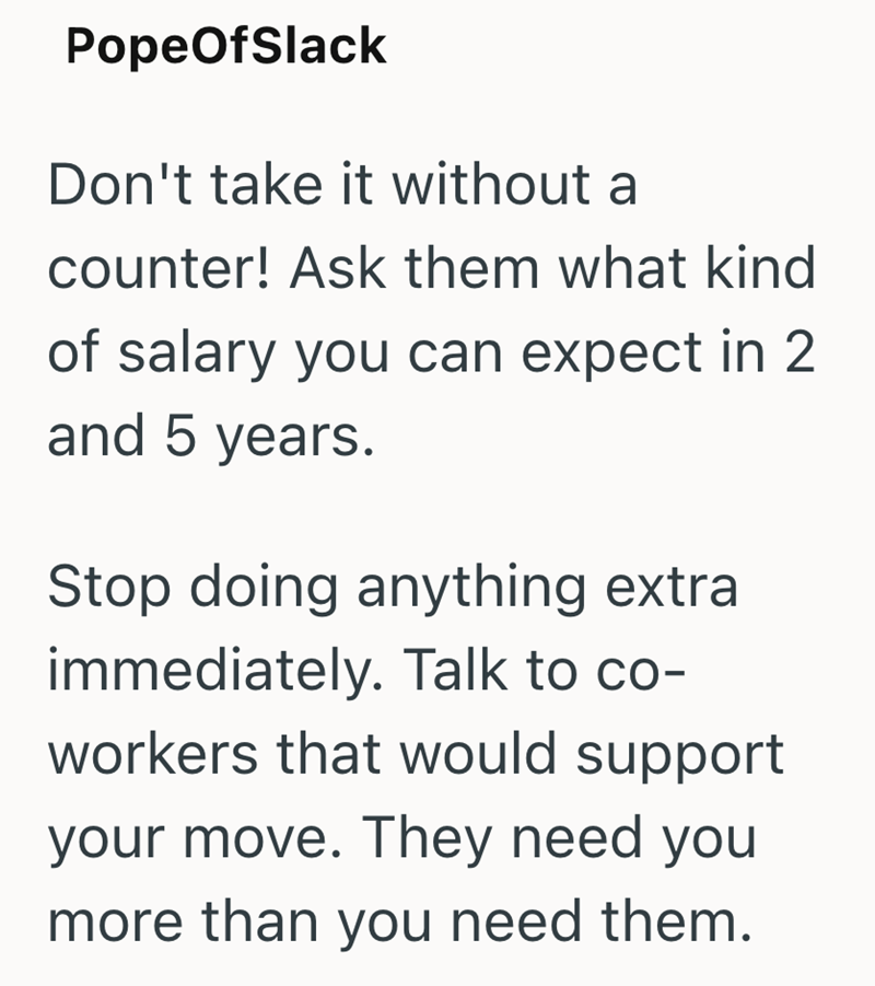 PopeOfSlack Don't take it without a counter! Ask them what kind of salary you can expect in 2 and 5 years. Stop doing anything extra immediately. Talk to co- workers that would support your move. They need you more than you need them.