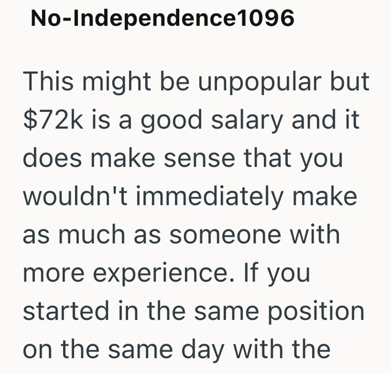 No-Independence1096 This might be unpopular but $72k is a good salary and it does make sense that you wouldn't immediately make as much as someone with more experience. If you started in the same position on the same day with the
