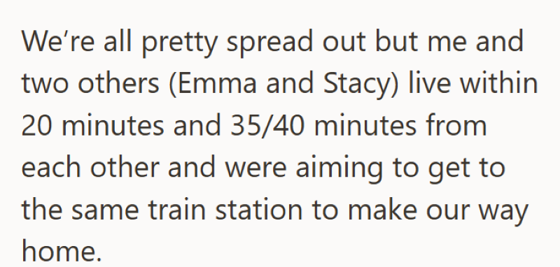 We're all pretty spread out but me and two others (Emma and Stacy) live within 20 minutes and 35/40 minutes from each other and were aiming to get to the same train station to make our way home.