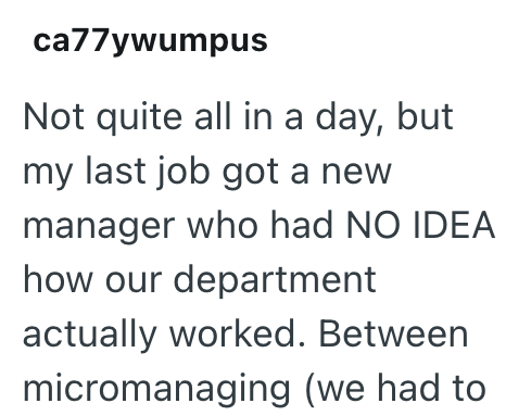 ca77ywumpus Not quite all in a day, but my last job got a new manager who had NO IDEA how our department actually worked. Between micromanaging (we had to