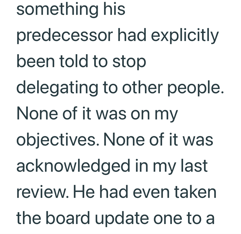 something his predecessor had explicitly been told to stop delegating to other people. None of it was on my objectives. None of it was acknowledged in my last review. He had even taken the board update one to a