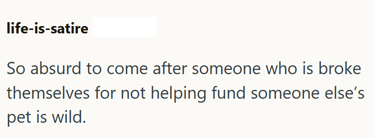 life-is-satire So absurd to come after someone who is broke themselves for not helping fund someone else's pet is wild.