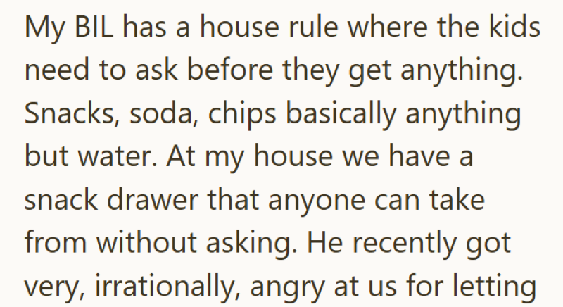 My BIL has a house rule where the kids need to ask before they get anything. Snacks, soda, chips basically anything but water. At my house we have a snack drawer that anyone can take from without asking. He recently got very, irrationally, angry at us for letting