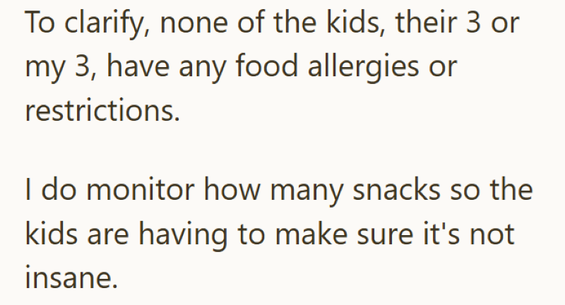 To clarify, none of the kids, their 3 or my 3, have any food allergies or restrictions. I do monitor how many snacks so the kids are having to make sure it's not insane.