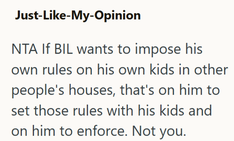 Just-Like-My-Opinion NTA If BIL wants to impose his own rules on his own kids in other people's houses, that's on him to set those rules with his kids and on him to enforce. Not you.