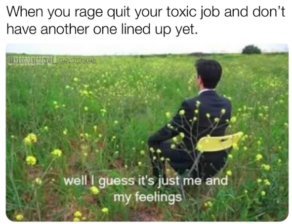 When you rage quit your toxic job and don't have another one lined up yet. chumorous resources well I guess it's just me and my feelings