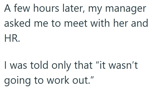 A few hours later, my manager asked me to meet with her and HR. I was told only that "it wasn't going to work out.”