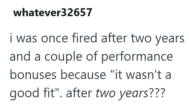 whatever32657 i was once fired after two years and a couple of performance bonuses because "it wasn't a good fit". after two years???