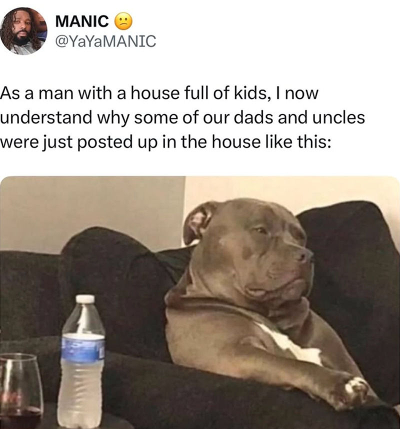 MANIC @YaYaMANIC As a man with a house full of kids, I now understand why some of our dads and uncles were just posted up in the house like this: