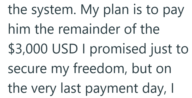 the system. My plan is to pay him the remainder of the $3,000 USD I promised just to secure my freedom, but on the very last payment day, I