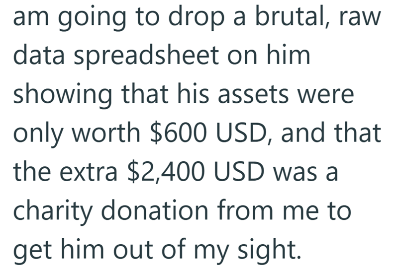 am going to drop a brutal, raw data spreadsheet on him showing that his assets were only worth $600 USD, and that the extra $2,400 USD was a charity donation from me to get him out of my sight.