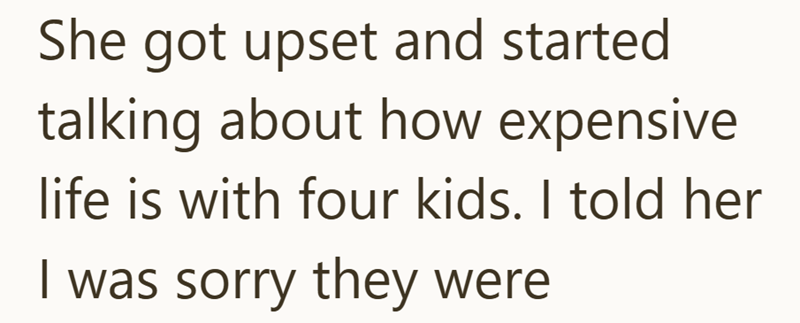 She got upset and started talking about how expensive life is with four kids. I told her I was sorry they were