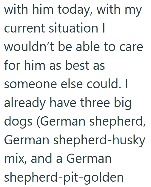 with him today, with my current situation I wouldn't be able to care for him as best as someone else could. I already have three big dogs (German shepherd, German shepherd-husky mix, and a German shepherd-pit-golden