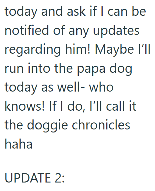 today and ask if I can be notified of any updates regarding him! Maybe I'll run into the papa dog today as well-who knows! If I do, I'll call it the doggie chronicles haha UPDATE 2:
