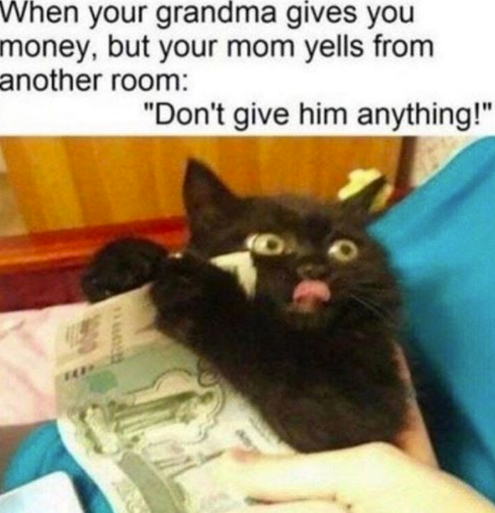 When your grandma gives you money, but your mom yells from another room: "Don't give him anything!"