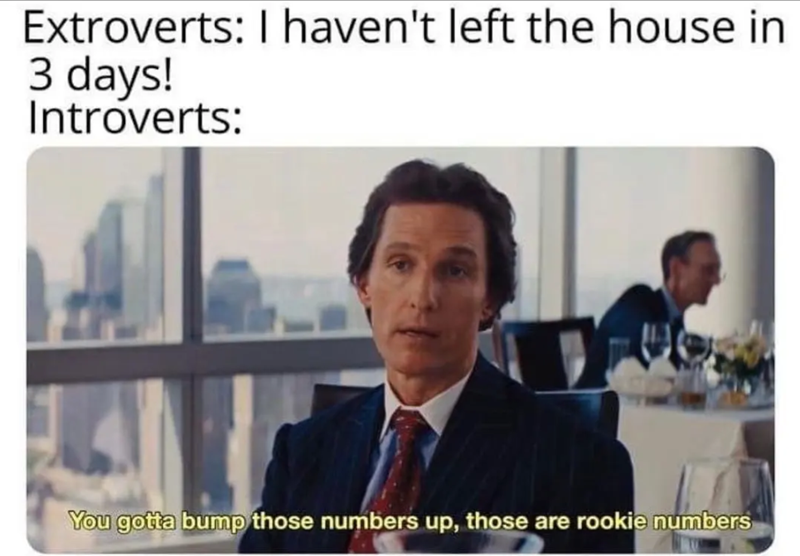 Extroverts: I haven't left the house in 3 days! Introverts: You gotta bump those numbers up, those are rookie numbers