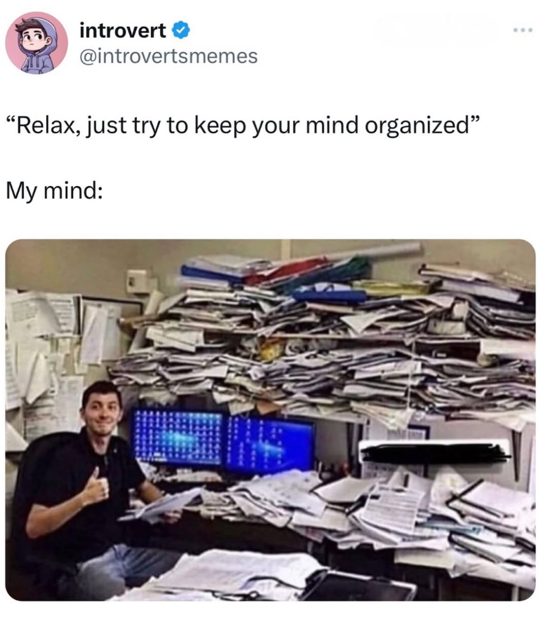 introvert @introvertsmemes "Relax, just try to keep your mind organized” My mind: