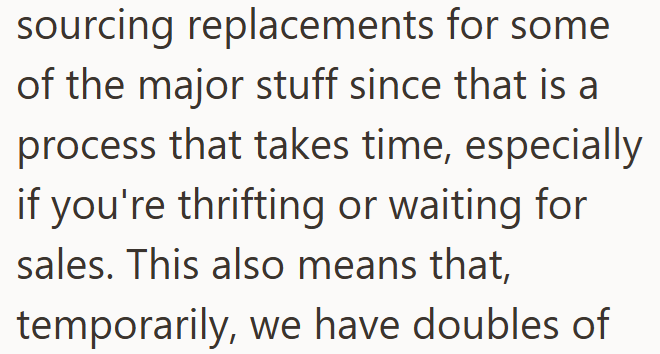 sourcing replacements for some of the major stuff since that is a process that takes time, especially if you're thrifting or waiting for sales. This also means that, temporarily, we have doubles of