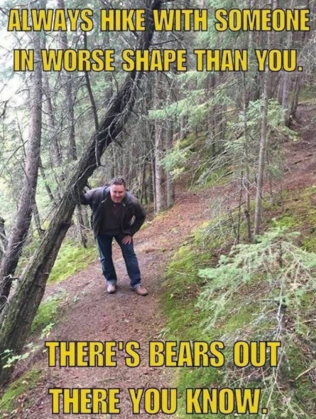 ALWAYS HIKE WITH SOMEONE IN WORSE SHAPE THAN YOU. THERE'S BEARS OUT THERE YOU KNOW