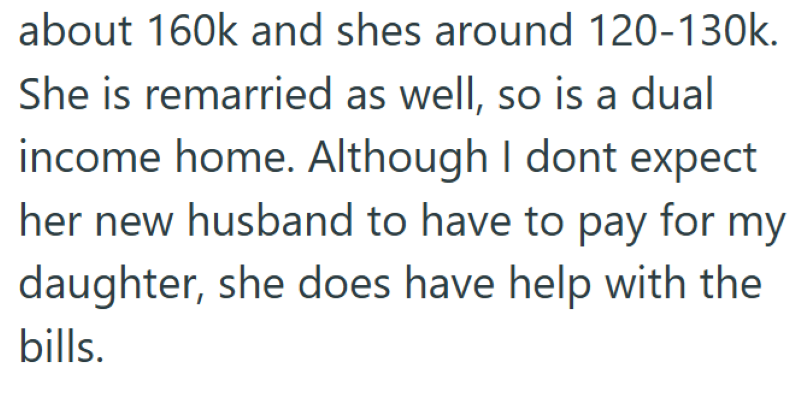 about 160k and shes around 120-130k. She is remarried as well, so is a dual income home. Although I dont expect her new husband to have to pay for my daughter, she does have help with the bills.
