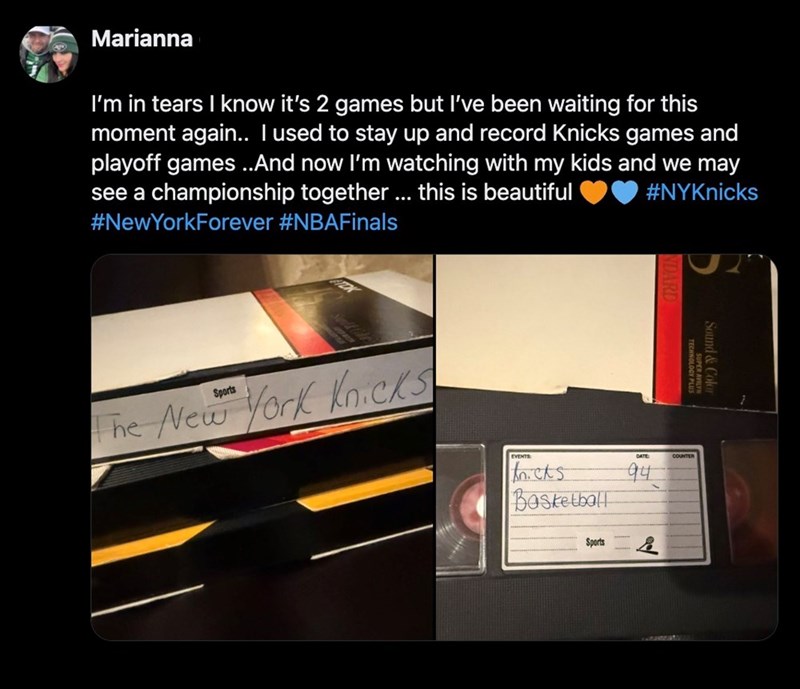 Marianna I'm in tears I know it's 2 games but I've been waiting for this moment again.. I used to stay up and record Knicks games and playoff games ..And now I'm watching with my kids and we may see a championship together ... this is beautiful #NewYorkForever #NBAFinals #NYKnicks Sports The New York Knicks TECHNOLOGY PUTS Sound & Color EVENTS tricks Basketball DATE 94 Sports 是 COUNTER