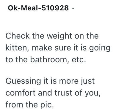 Ok-Meal-510928. Check the weight on the kitten, make sure it is going to the bathroom, etc. Guessing it is more just comfort and trust of you, from the pic.