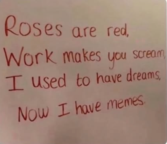 Roses are red, Work makes you scream I used to have dreams, Now I have memes.