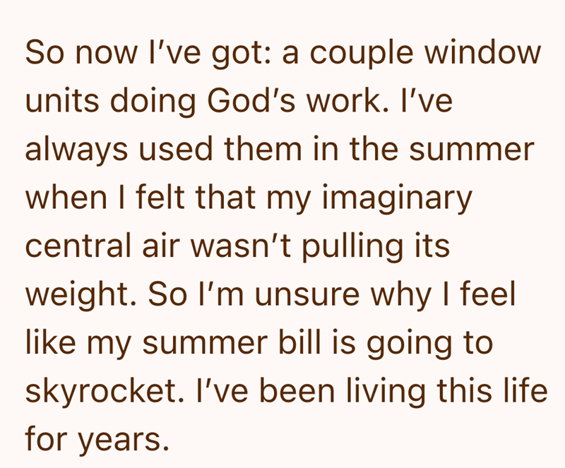 So now I've got: a couple window units doing God's work. I've always used them in the summer when I felt that my imaginary central air wasn't pulling its weight. So I'm unsure why I feel like my summer bill is going to skyrocket. I've been living this life for years.