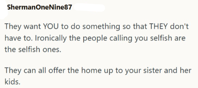 ShermanOneNine87 They want YOU to do something so that THEY don't have to. Ironically the people calling you selfish are the selfish ones. They can all offer the home up to your sister and her kids.