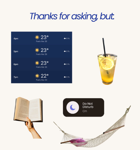 Thanks for asking, but 4pm 23° Feels like 28 5pm 6pm 23° Feels like 26 23° Feels like 25 7pm 22° Feels like 24 Do Not Disturb On