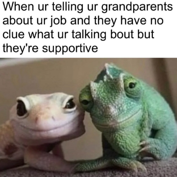 When ur telling ur grandparents about ur job and they have no clue what ur talking bout but they're supportive