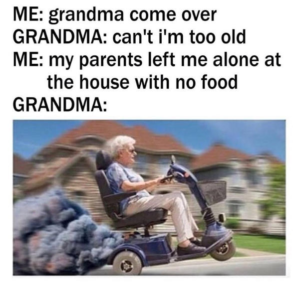 ME: grandma come over GRANDMA: can't i'm too old ME: my parents left me alone at the house with no food GRANDMA: