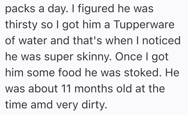 packs a day. I figured he was thirsty so I got him a Tupperware of water and that's when I noticed he was super skinny. Once I got him some food he was stoked. He was about 11 months old at the time amd very dirty.