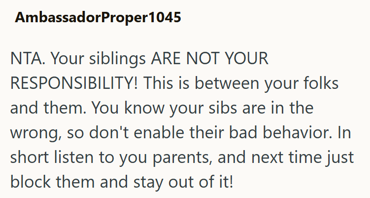Ambassador Proper 1045 NTA. Your siblings ARE NOT YOUR RESPONSIBILITY! This is between your folks and them. You know your sibs are in the wrong, so don't enable their bad behavior. In short listen to you parents, and next time just block them and stay out of it!