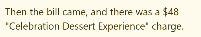 Then the bill came, and there was a $48 "Celebration Dessert Experience" charge.
