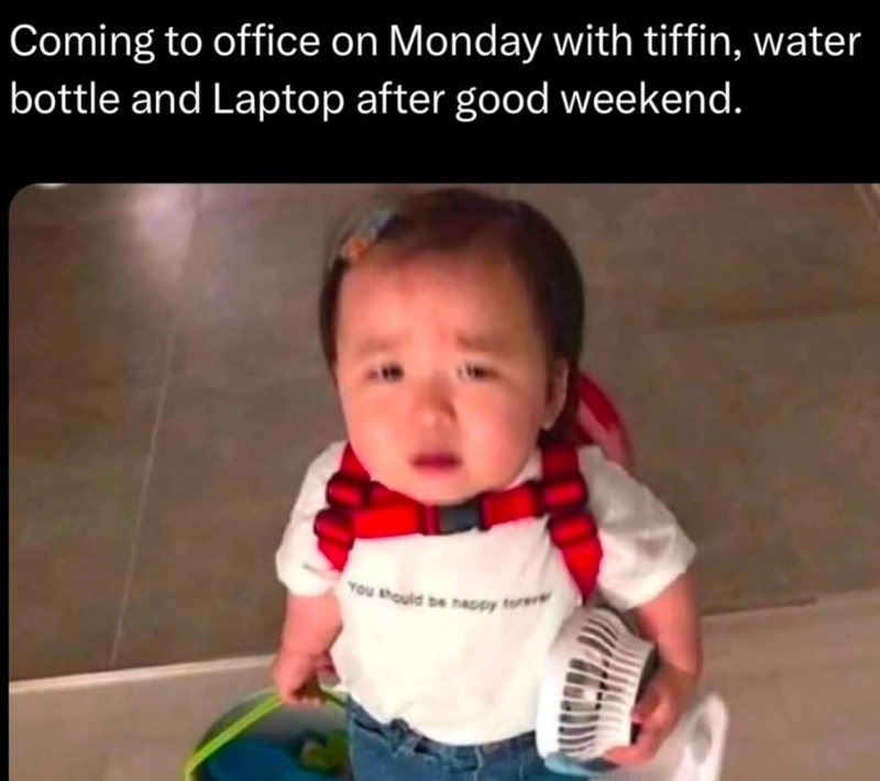 Coming to office on Monday with tiffin, water bottle and Laptop after good weekend. You should be happy for