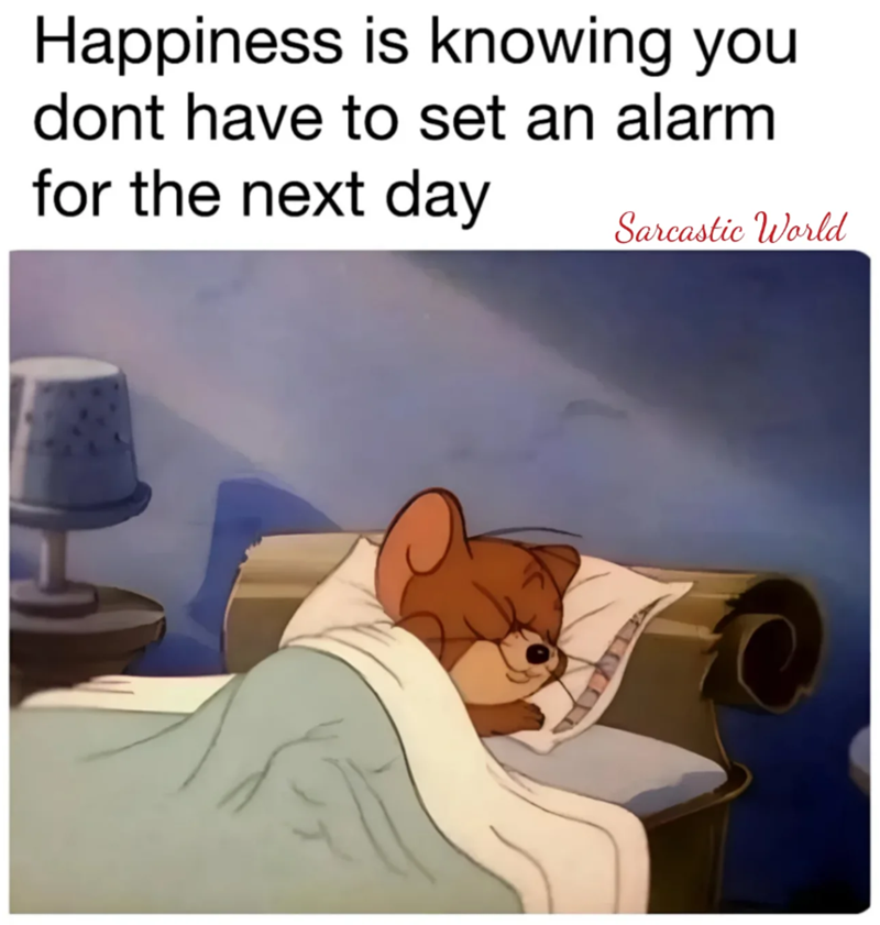 Happiness is knowing you dont have to set an alarm for the next day Sarcastic World