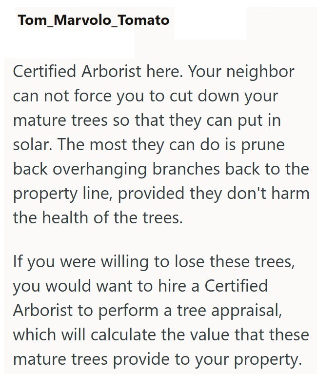 Tom Marvolo_Tomato Certified Arborist here. Your neighbor can not force you to cut down your mature trees so that they can put in solar. The most they can do is prune back overhanging branches back to the property line, provided they don't harm the health of the trees. If you were willing to lose these trees, you would want to hire a Certified Arborist to perform a tree appraisal, which will calculate the value that these mature trees provide to your property.