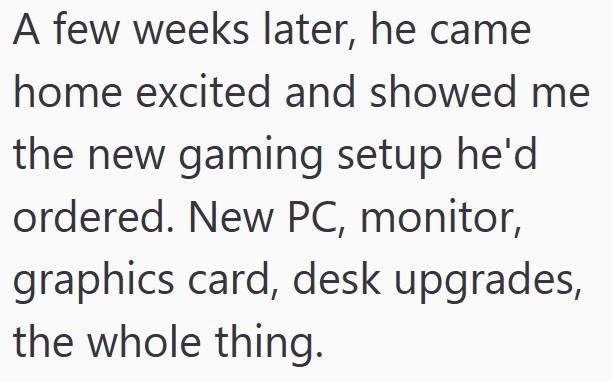 A few weeks later, he came home excited and showed me the new gaming setup he'd ordered. New PC, monitor, graphics card, desk upgrades, the whole thing.