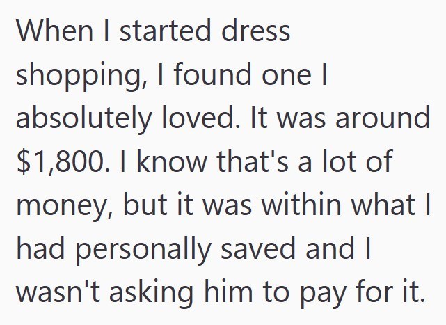 When I started dress shopping, I found one I absolutely loved. It was around $1,800. I know that's a lot of money, but it was within what I had personally saved and I wasn't asking him to pay for it.