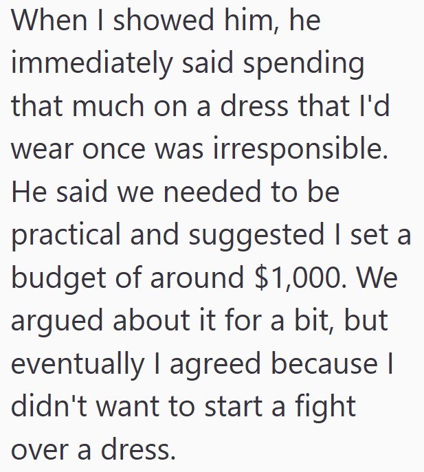When I showed him, he immediately said spending that much on a dress that I'd wear once was irresponsible. He said we needed to be practical and suggested I set a budget of around $1,000. We argued about it for a bit, but eventually I agreed because I didn't want to start a fight over a dress.