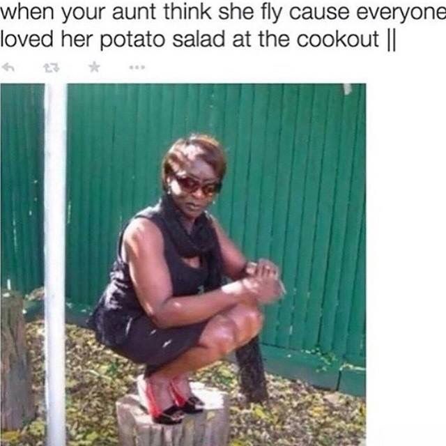 when your aunt think she fly cause everyone loved her potato salad at the cookout || F 27