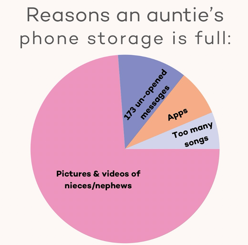 Reasons an auntie's phone storage is full: 173 un-opened messages Apps Too many songs Pictures & videos of nieces/nephews