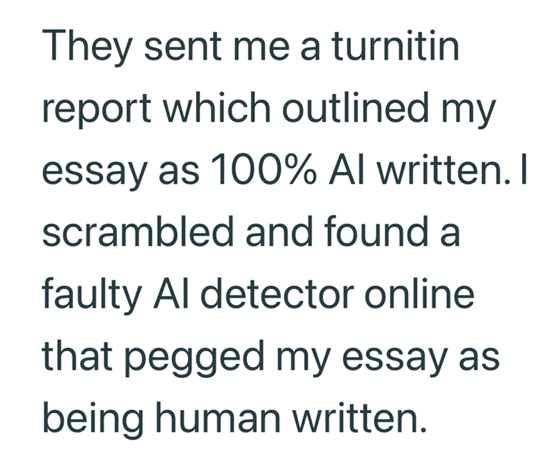 They sent me a turnitin report which outlined my essay as 100% Al written. I scrambled and found a faulty Al detector online that pegged my essay as being human written.